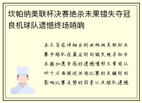 坎帕纳美联杯决赛绝杀未果错失夺冠良机球队遗憾终场哨响