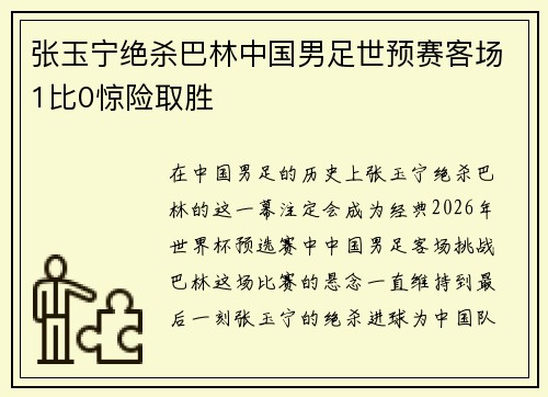 张玉宁绝杀巴林中国男足世预赛客场1比0惊险取胜