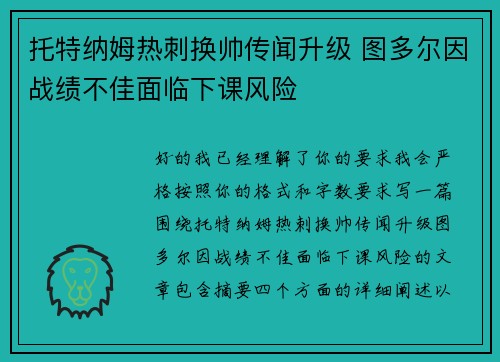 托特纳姆热刺换帅传闻升级 图多尔因战绩不佳面临下课风险