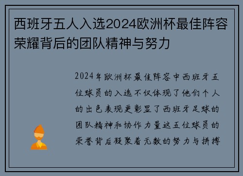西班牙五人入选2024欧洲杯最佳阵容荣耀背后的团队精神与努力